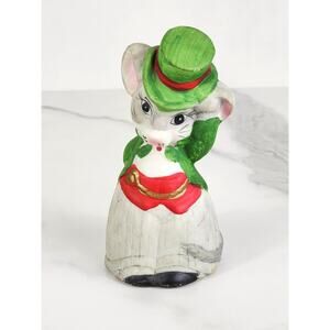 Christmas Mouse Critter Bell Green Hat Year 4 1/2" Jasco Porcelain 80's Vintage